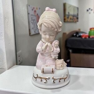Sankyo Bedtime Prayer Praying Girl With Cat & Bible Figurine, Porcelain Statue